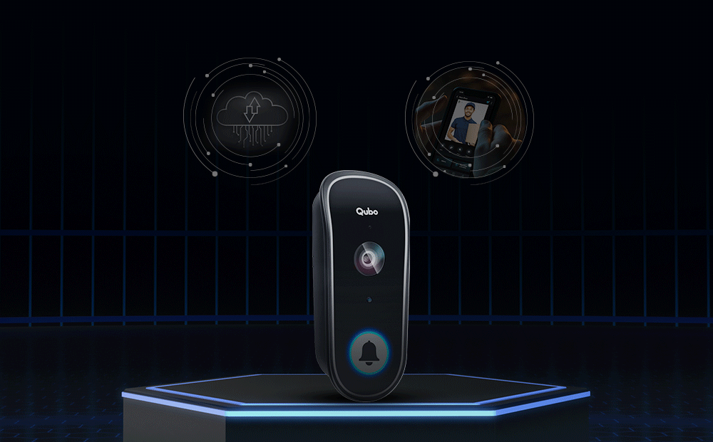 GIF showing Qubo Video Doorbell sending footage to the cloud, then triggering a video call on a phone 